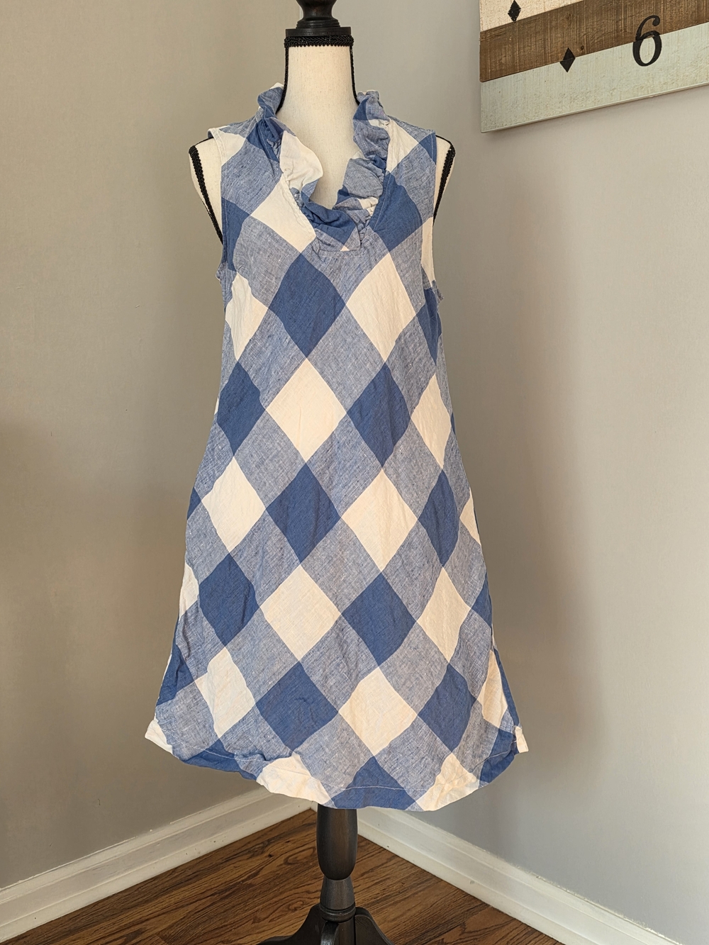 crown & ivy Blue and White Gingham Ruffle Neck Dress